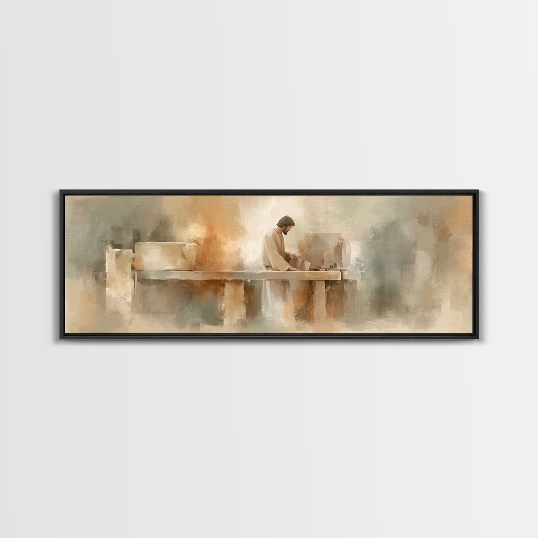 Heavenly Carpenter – Framed Canvas Print – Christian Wall Art – Christian Art Canvas – Jesus Painting – Panoramic Art – Christian Christmas