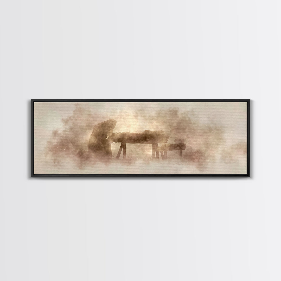 Holy Manger – Framed Canvas Print – Christian Art Canvas – Christian Wall Art – Panoramic Painting – Christmas Art – Christian Christmas Ar