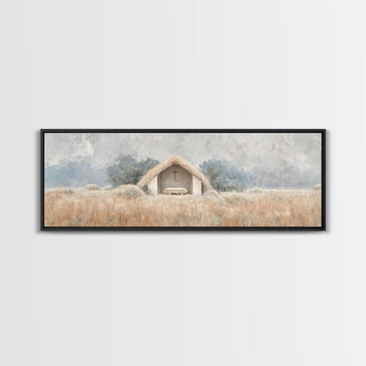 Fieldside Manger | Framed Canvas Print | Christian Wall Art | Christian Art Canvas | Panoramic Art | Christmas Art | Christian Christmas De