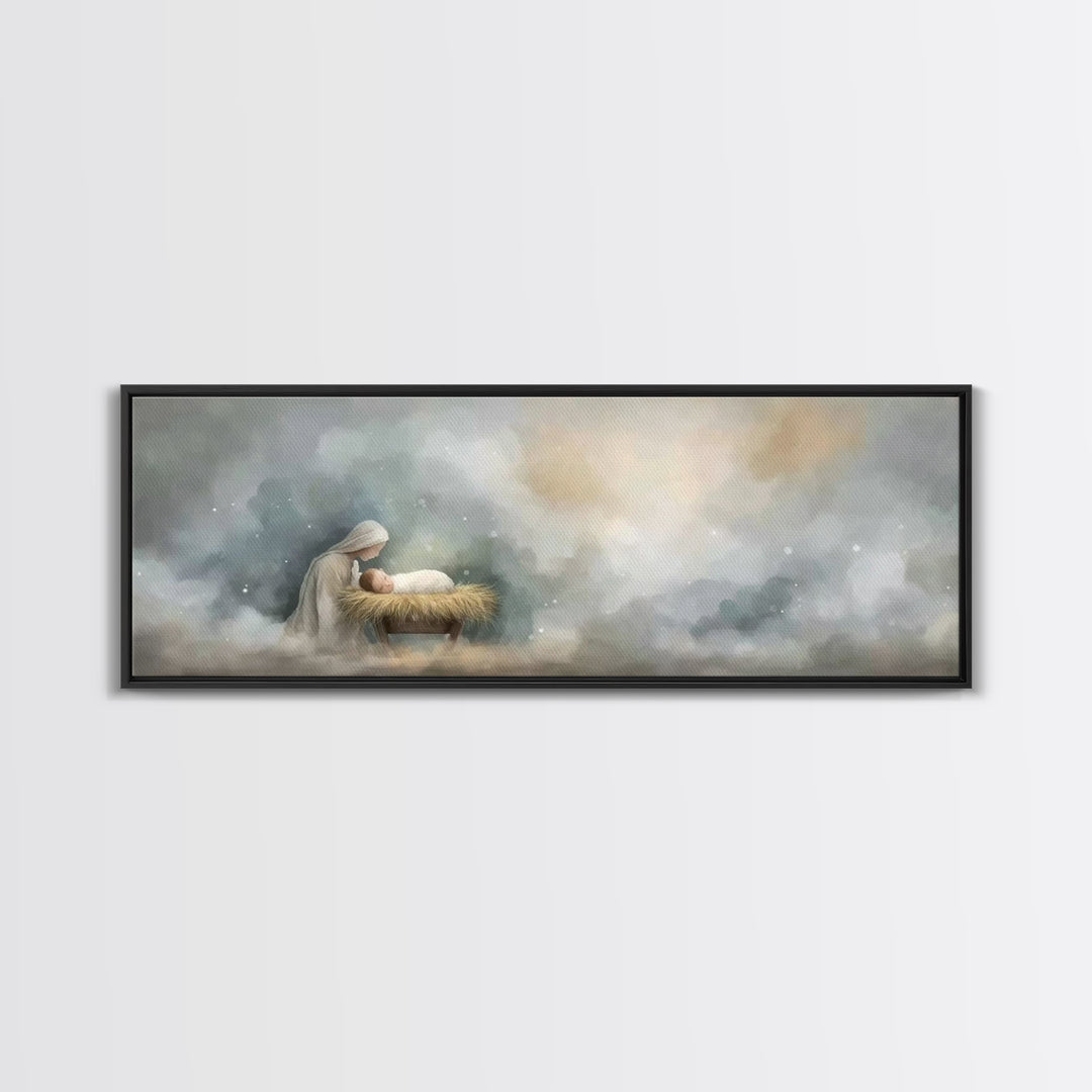 Mary’s Vigil, Framed Canvas Print, Christian Art Canvas, Christian Wall Art, Panoramic Painting, Jesus Christmas Art, Christian Gift