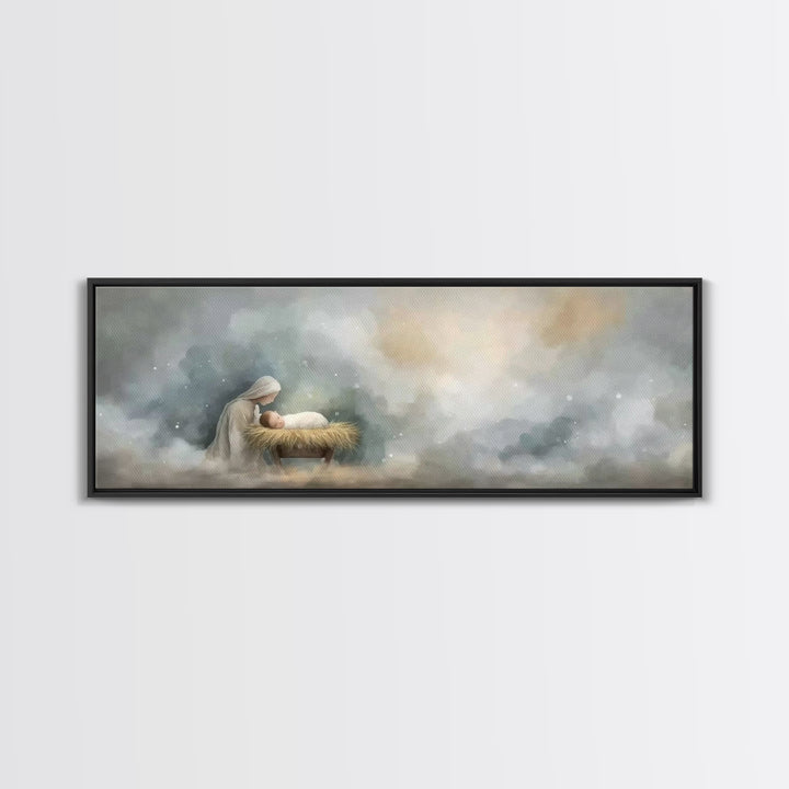 Mary’s Vigil, Framed Canvas Print, Christian Art Canvas, Christian Wall Art, Panoramic Painting, Jesus Christmas Art, Christian Gift