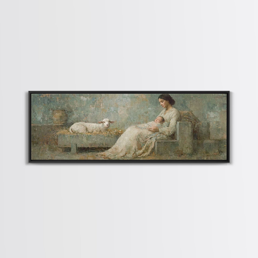 Mother And Lamb, Framed Canvas Print, Christian Art Canvas, Christian Wall Art, Panoramic Art, Jesus Painting, Christian Christmas Decor