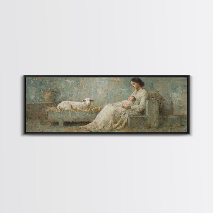 Mother And Lamb, Framed Canvas Print, Christian Art Canvas, Christian Wall Art, Panoramic Art, Jesus Painting, Christian Christmas Decor