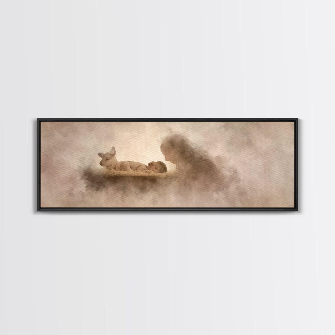 Silent Manger Light | Framed Canvas Print | Christmas Wall Art | Christian Art Canvas | Christian Christmas Art | Panoramic Print | Jesus P