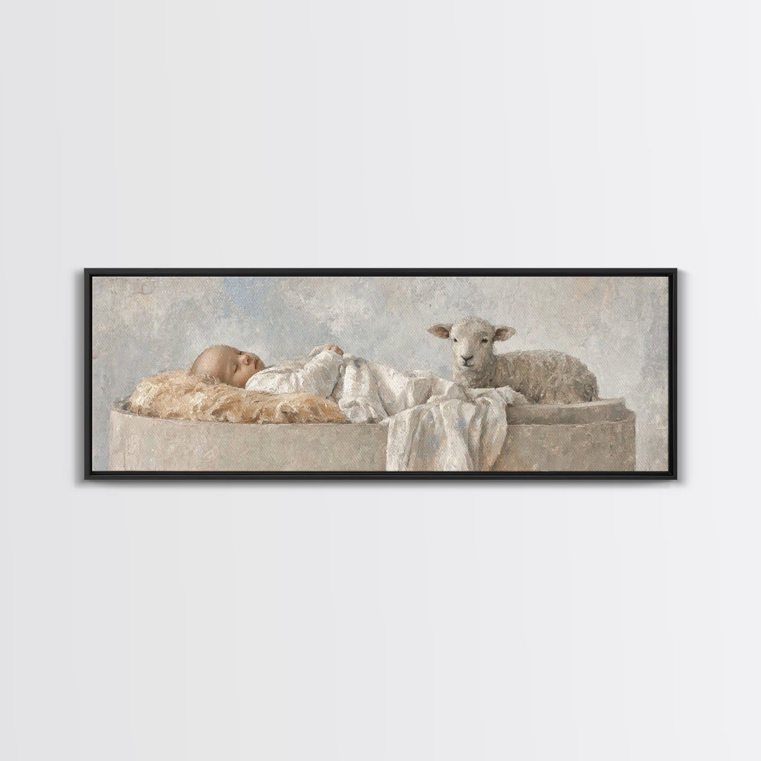 Holy Cradle Calm, Framed Canvas Print, Christian Wall Art, Christian Art Canvas, Christmas Art, Panoramic Painting, Jesus Christmas Art
