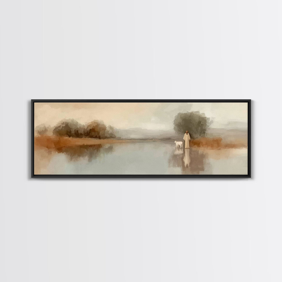 Shepherd’s Dawn | Framed Canvas Print | Christian Wall Art | Christian Art Canvas | Panoramic Frame | Jesus Painting | Christian Art