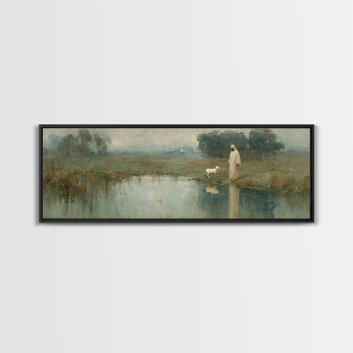 Still Waters Calling, Framed Canvas Print, Panoramic Wall Art, Christian Art Canvas, Christian Wall Art, Jesus Painting, Christian Decor