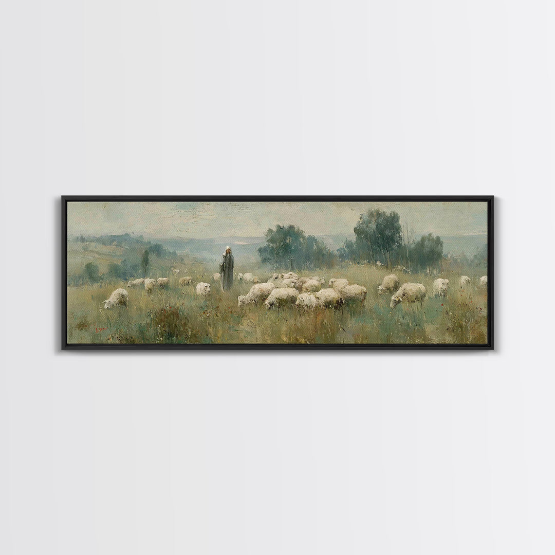 Pastoral Daybreak, Framed Canvas Print, Panoramic Art, Christian Wall Art, Christian Art Canvas, Christian Painting, Jesus Wall Art