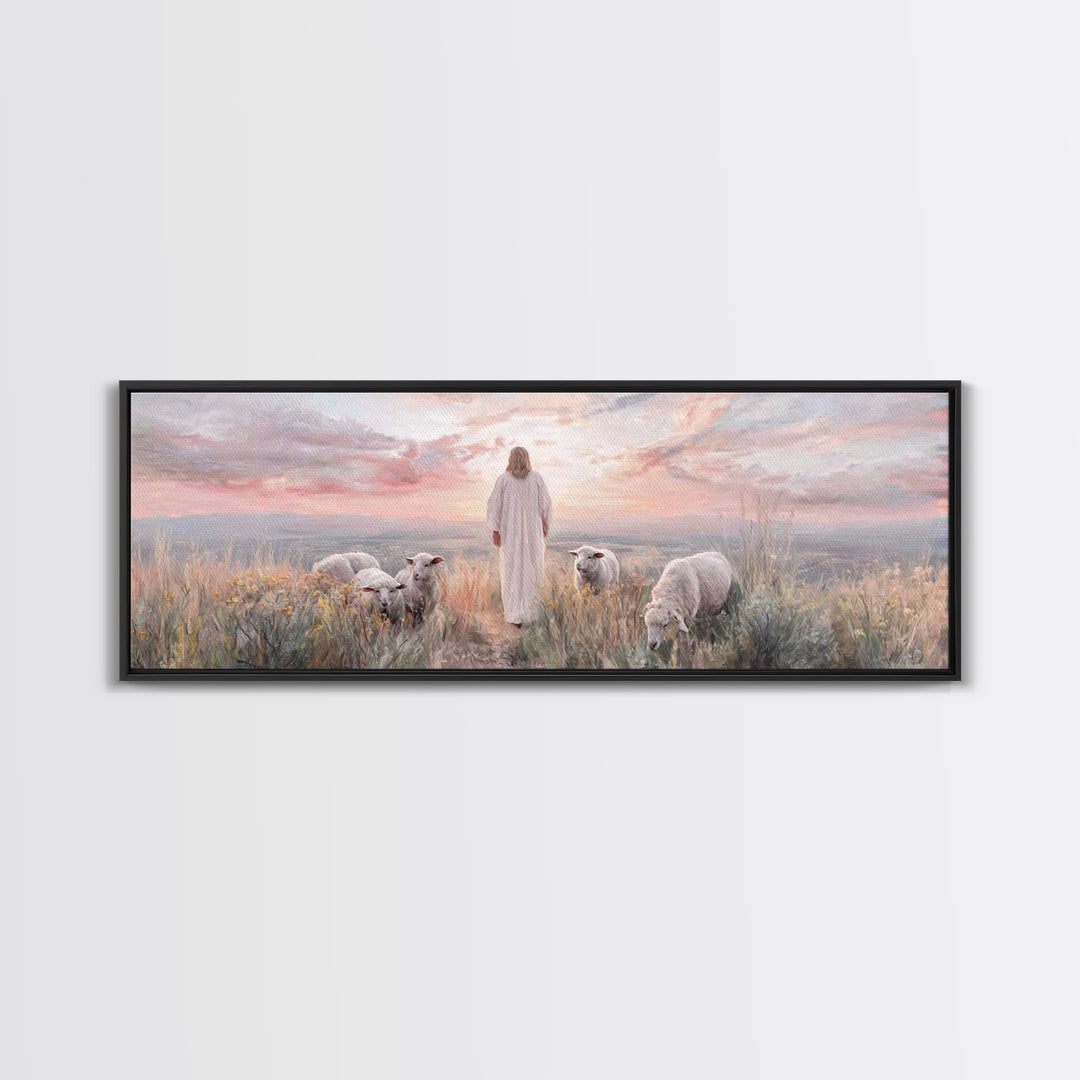Dawn Among The Flock | Framed Canvas Print | Panoramic Wall Art | Christian Wall Art | Christian Art Canvas | Christian Painting | Jesus Ar