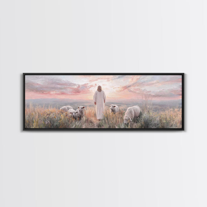 Dawn Among The Flock | Framed Canvas Print | Panoramic Wall Art | Christian Wall Art | Christian Art Canvas | Christian Painting | Jesus Ar