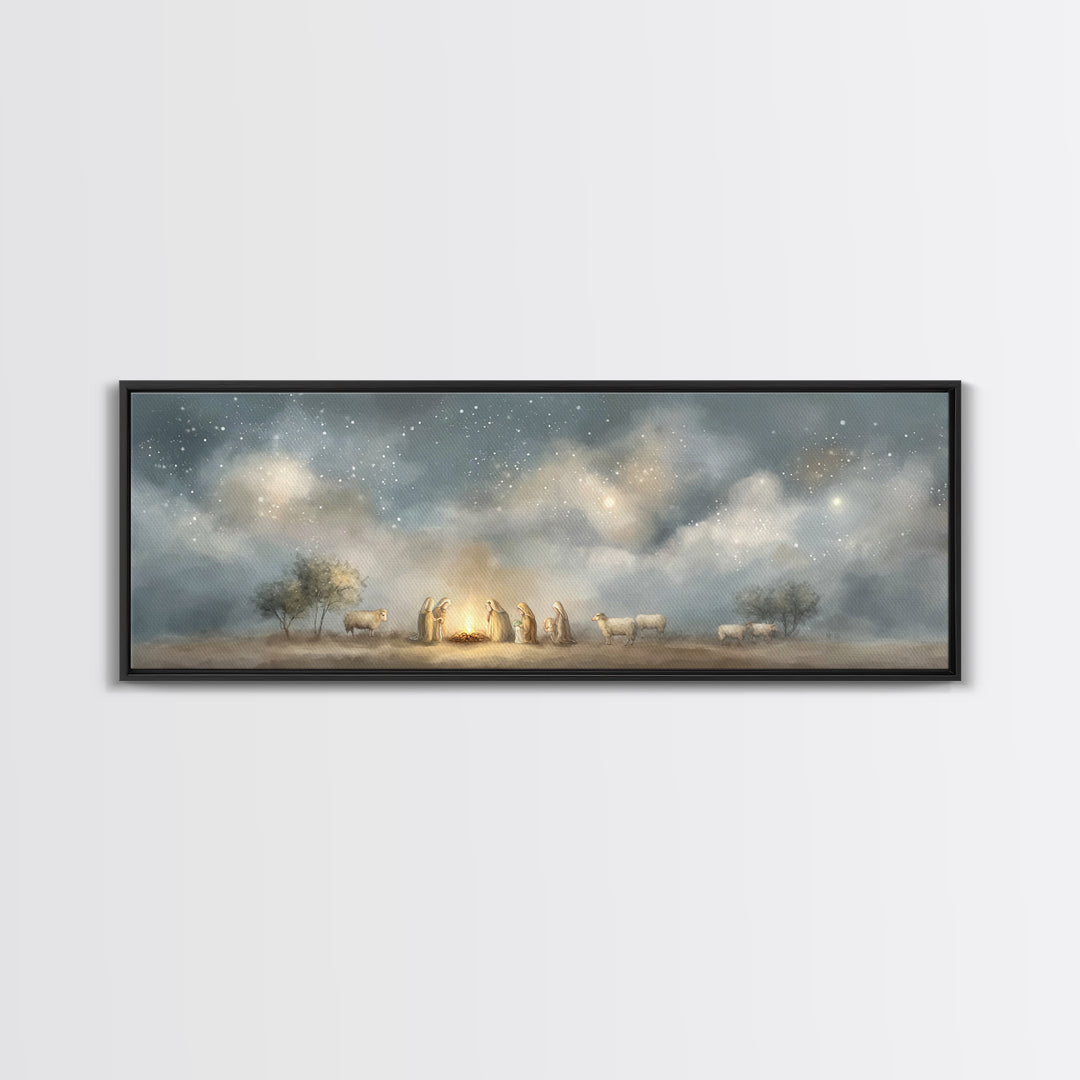 Starry Vigil, Framed Canvas Print, Panoramic Print, Christian Christmas Art, Christian Wall Art, Christmas Art Prints, Christian Art Canvas