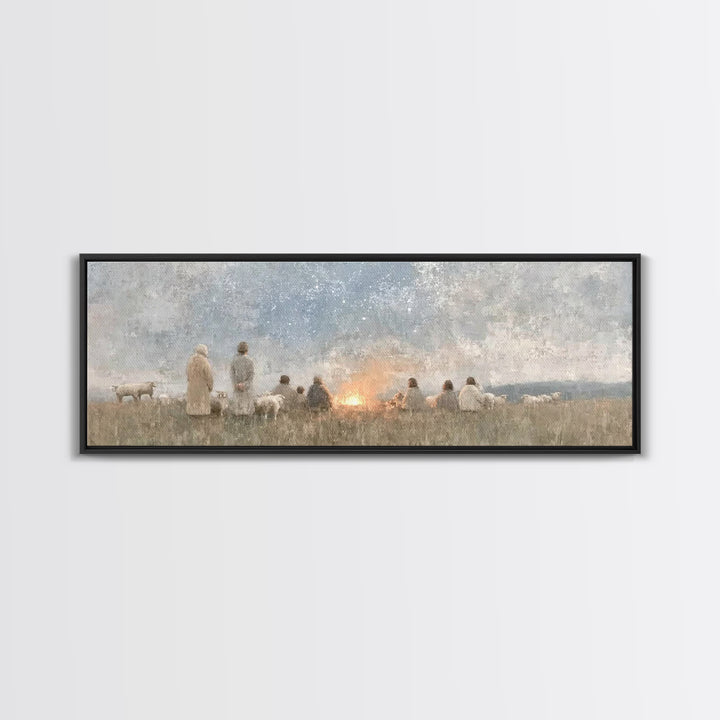 Quiet Field Gathering – Framed Canvas Print – Panoramic Painting – Christian Art – Vintage Christmas Art – Christian Wall Art – Subtle Chri