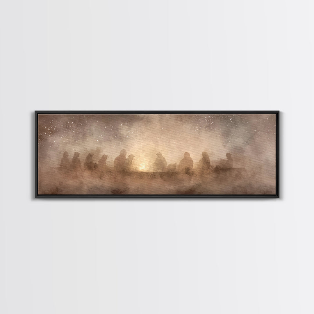 Fireside Reverence, Framed Canvas Print, Panoramic Wall Art, Christian Art Canvas, Moody Christmas Art, Christian Wall Art, Christian Decor