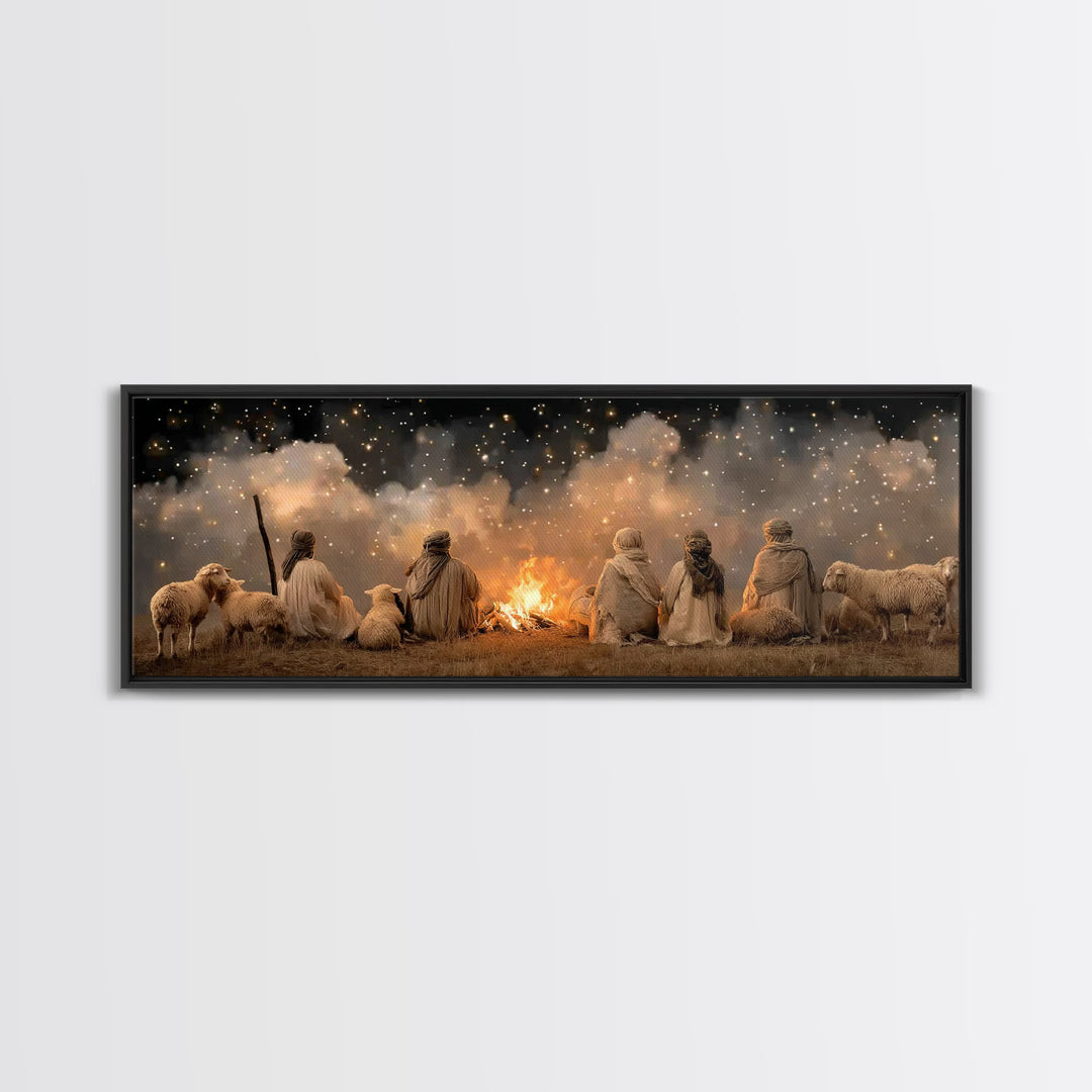 Emberlit Shepherds | Framed Canvas Print | Panoramic Art | Christian Christmas Art | Christian Wall Art | Christmas Art Work | Framed Chris