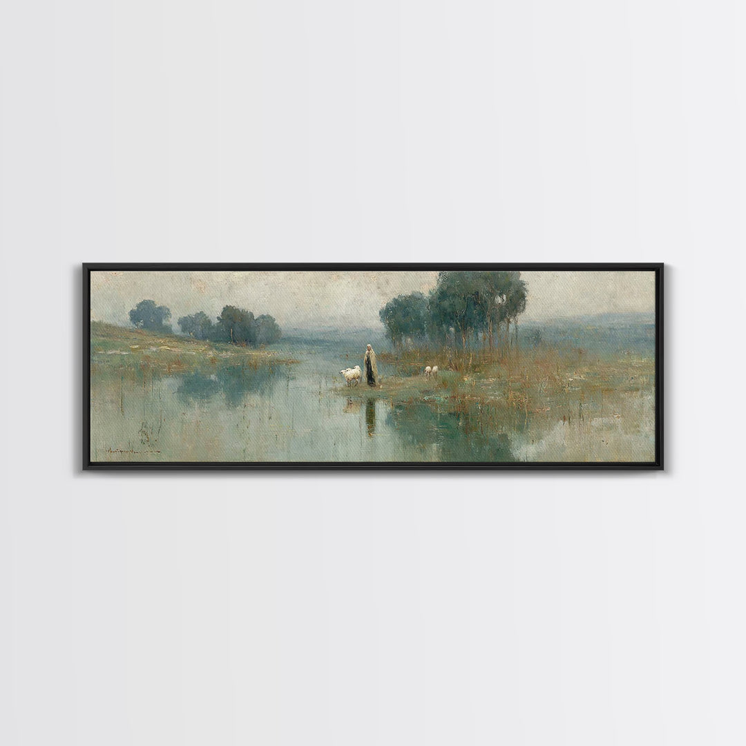 Quiet Shepherd Walk, Framed Canvas Print, Christian Wall Art, Christian Art Canvas, Jesus Painting, Panoramic Painting, Christian Christmas