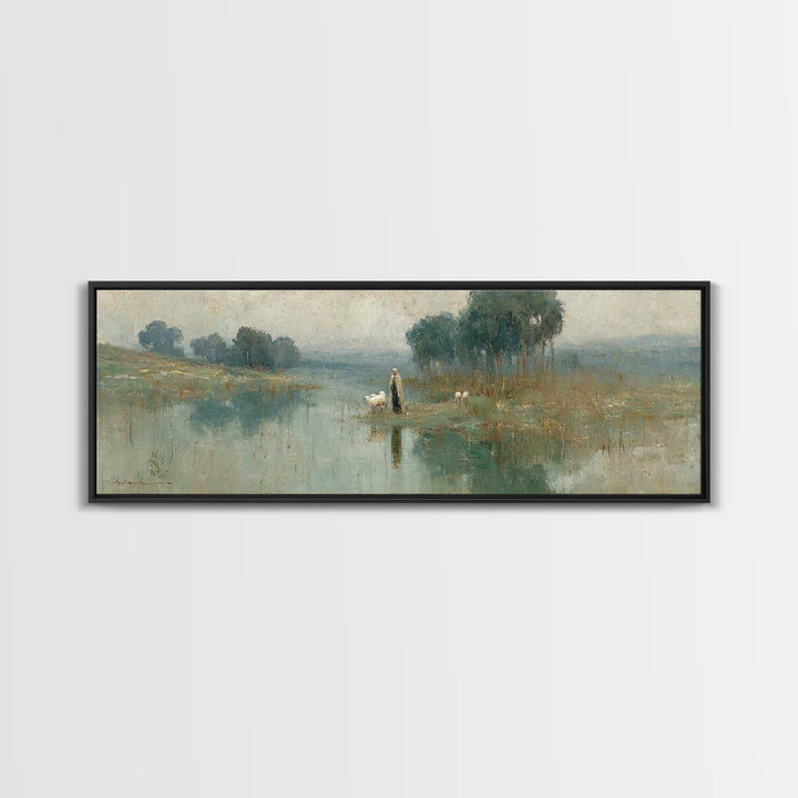 Quiet Shepherd Walk, Framed Canvas Print, Christian Wall Art, Christian Art Canvas, Jesus Painting, Panoramic Painting, Christian Christmas