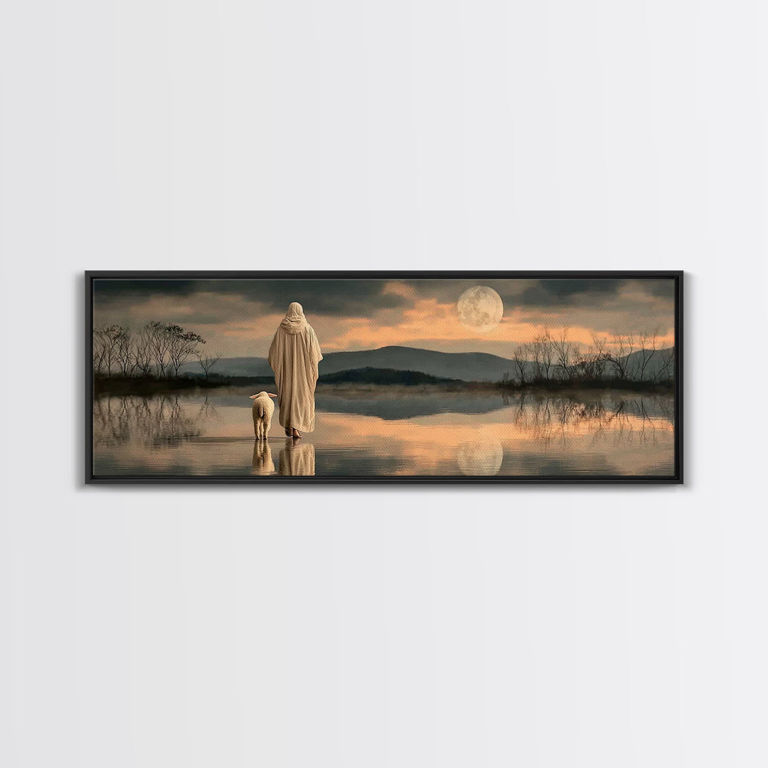 Moonlit Shepherd Path – Framed Canvas Print – Jesus Painting – Christian Wall Art – Christian Art Canvas – Panoramic Print – Christian Chri