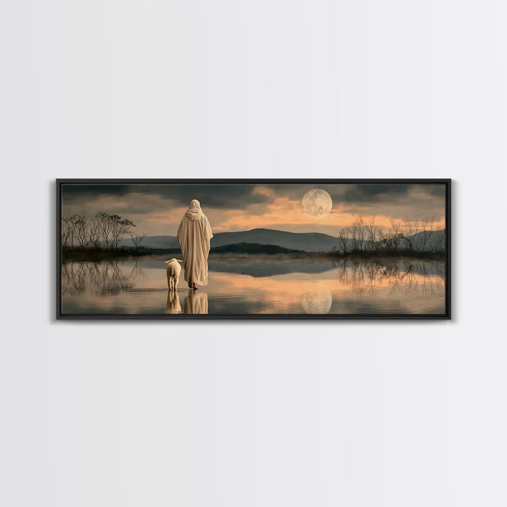 Moonlit Shepherd Path – Framed Canvas Print – Jesus Painting – Christian Wall Art – Christian Art Canvas – Panoramic Print – Christian Chri