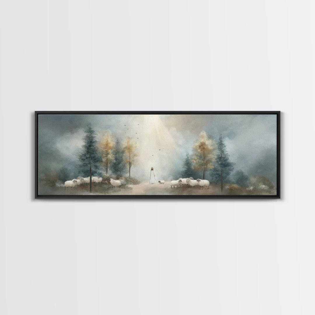 Light Of The Shepherd, Framed Canvas Print, Panoramic Wall Art, Christian Art Canvas, Jesus Painting, Christian Christmas Art, Christian Ar