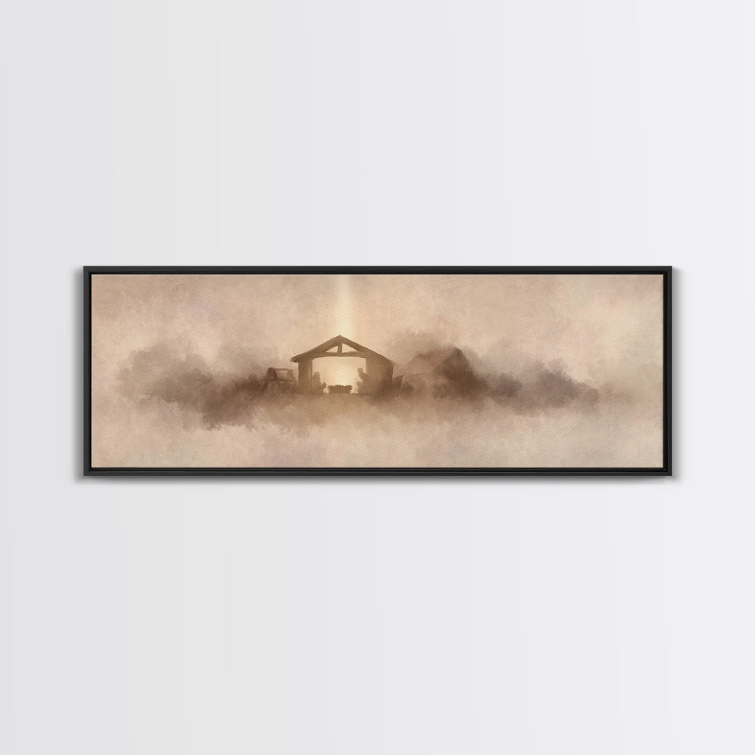 Holy Stable Glow, Framed Canvas Print, Panoramic Wall Art, Christian Art Canvas, Christmas Art, Christian Wall Art, Christian Christmas