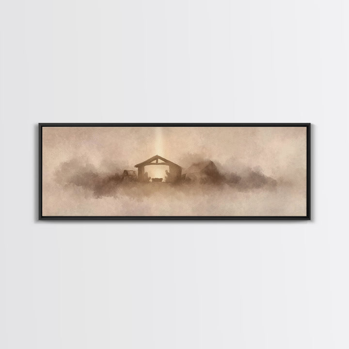 Holy Stable Glow, Framed Canvas Print, Panoramic Wall Art, Christian Art Canvas, Christmas Art, Christian Wall Art, Christian Christmas