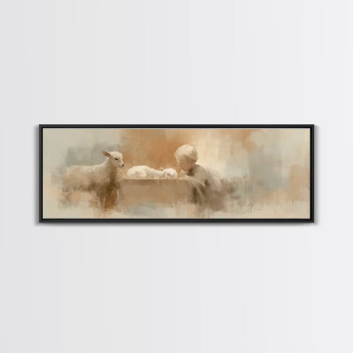 Shepherd’s Quiet Adore | Framed Canvas Print | Panoramic Wall Art | Christian Art Canvas | Christmas Art | Christian Decor | Christian Pain