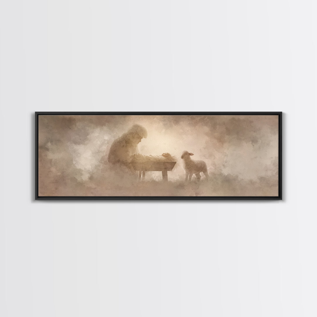 Tender Lamb Joy – Framed Canvas Print – Panoramic Print – Christian Art Canvas – Christian Wall Art – Christmas Art – Christian Christmas A