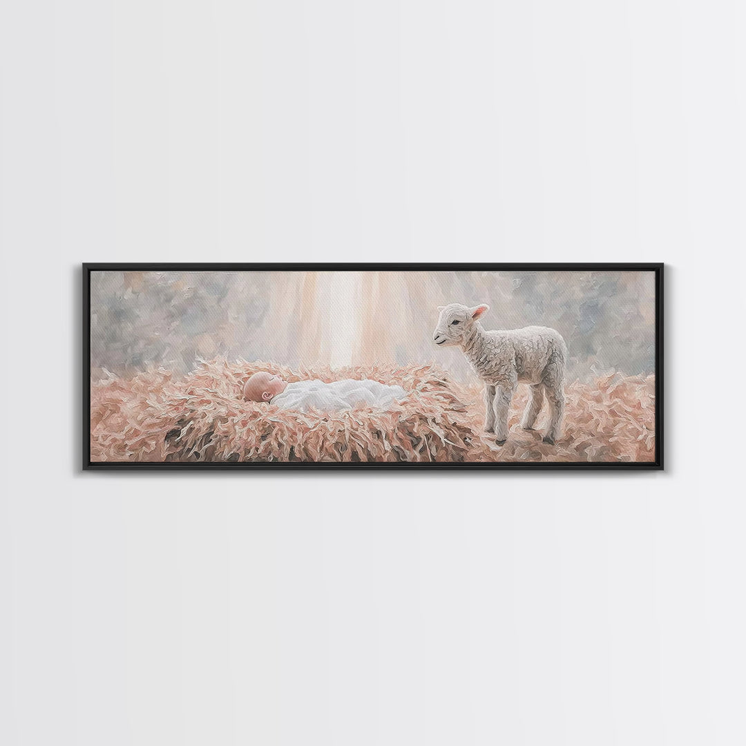 Gentle Nativity Peace, Framed Canvas Print, Christian Christmas Art, Panoramic Wall Art, Christian Wall Art, Jesus Painting