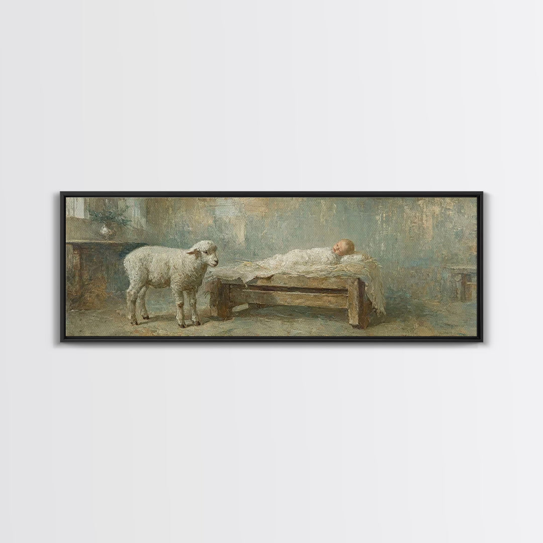 Lamb Of Promise, Framed Canvas Print, Christmas Wall Art, Panoramic Art, Christian Art Canvas, Christian Christmas Art