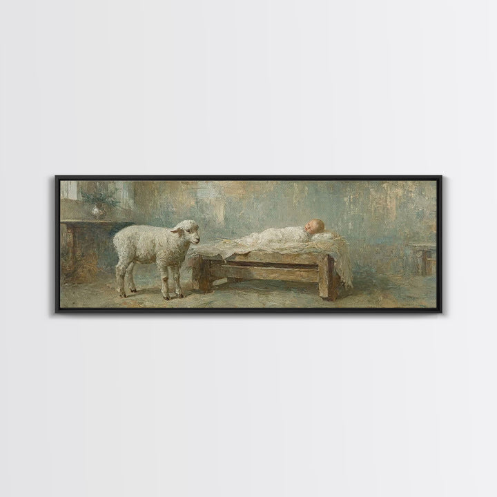 Lamb Of Promise, Framed Canvas Print, Christmas Wall Art, Panoramic Art, Christian Art Canvas, Christian Christmas Art