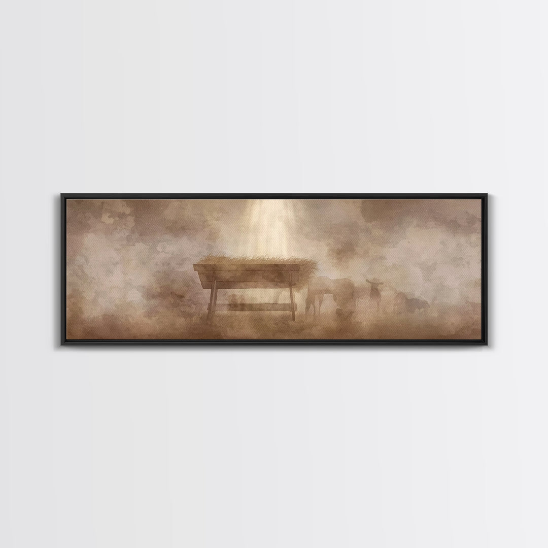 Shepherds At Peace, Framed Canvas Print, Panoramic Painting, Christian Art Canvas, Christian Wall Art, Christmas Art, Subtle Christian Art