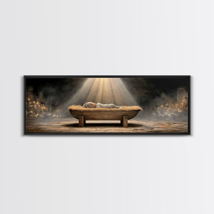 Holy Nativity Light, Framed Canvas Print, Panoramic Painting, Christmas Art, Christian Christmas Art, Jesus Christmas Art, Framed Christmas