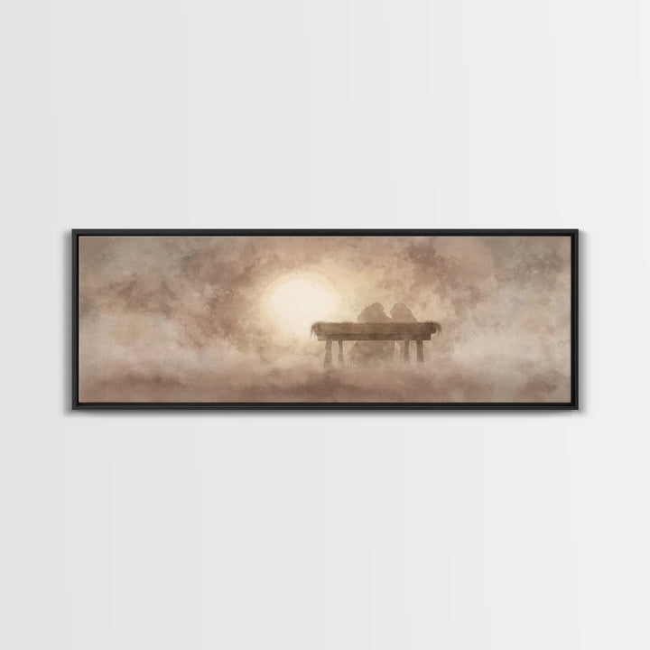 Manger In The Mist | Framed Canvas Print | Panoramic Wall Art | Christian Christmas Art | Christmas Canvas Wall Art | Christian Art Canvas