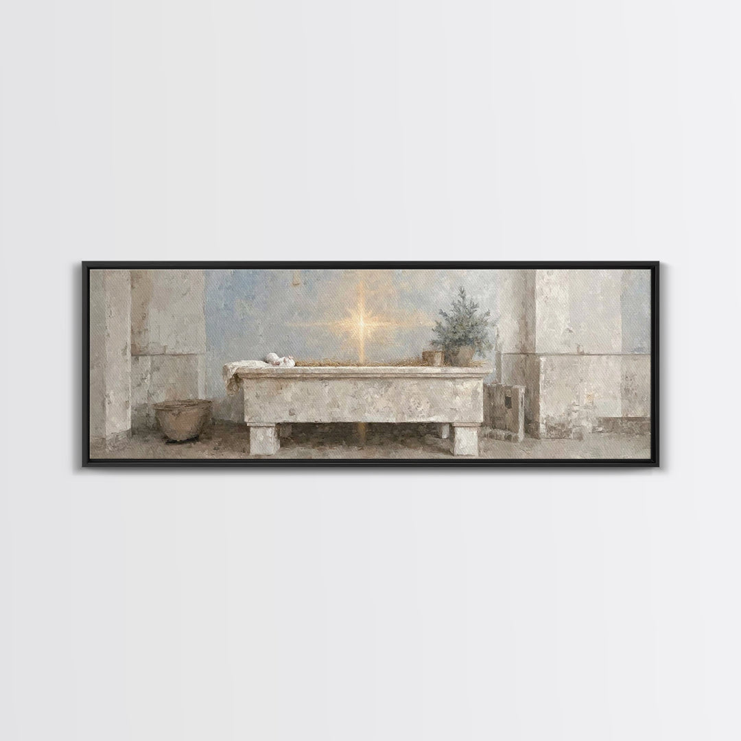 Guiding Manger Light – Framed Canvas Print – Christian Wall Art – Christmas Art – Christian Art Canvas – Panoramic Art – Jesus Painting – C