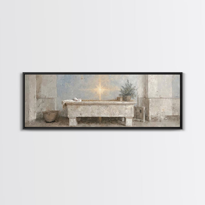 Guiding Manger Light – Framed Canvas Print – Christian Wall Art – Christmas Art – Christian Art Canvas – Panoramic Art – Jesus Painting – C