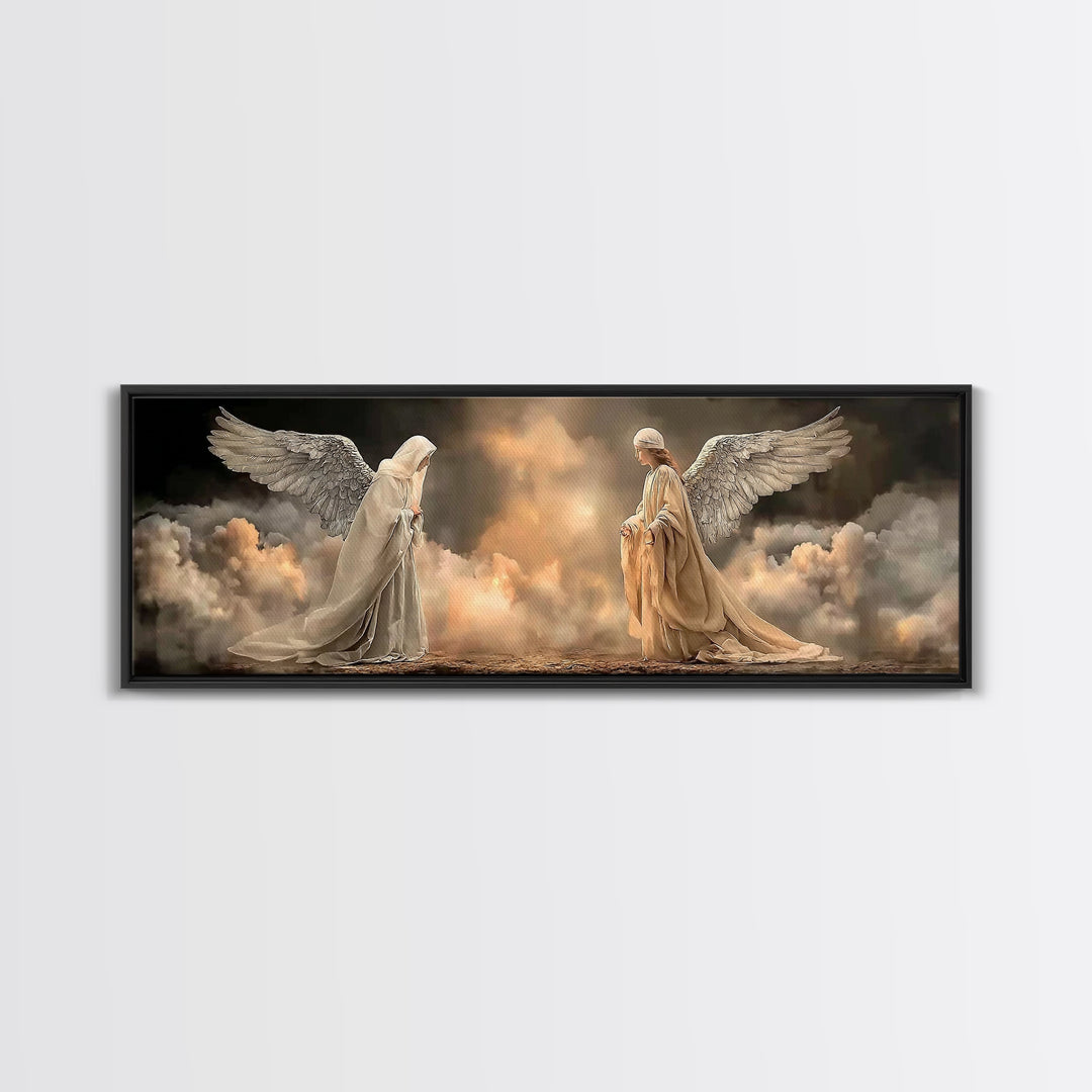 Heavenly Meeting Glow, Framed Canvas Print, Christian Art Canvas, Christian Wall Art, Christmas Art, Panoramic Print, Christian Christmas A