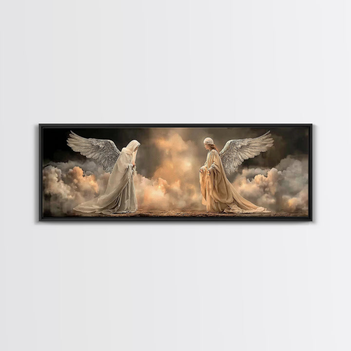 Heavenly Meeting Glow, Framed Canvas Print, Christian Art Canvas, Christian Wall Art, Christmas Art, Panoramic Print, Christian Christmas A