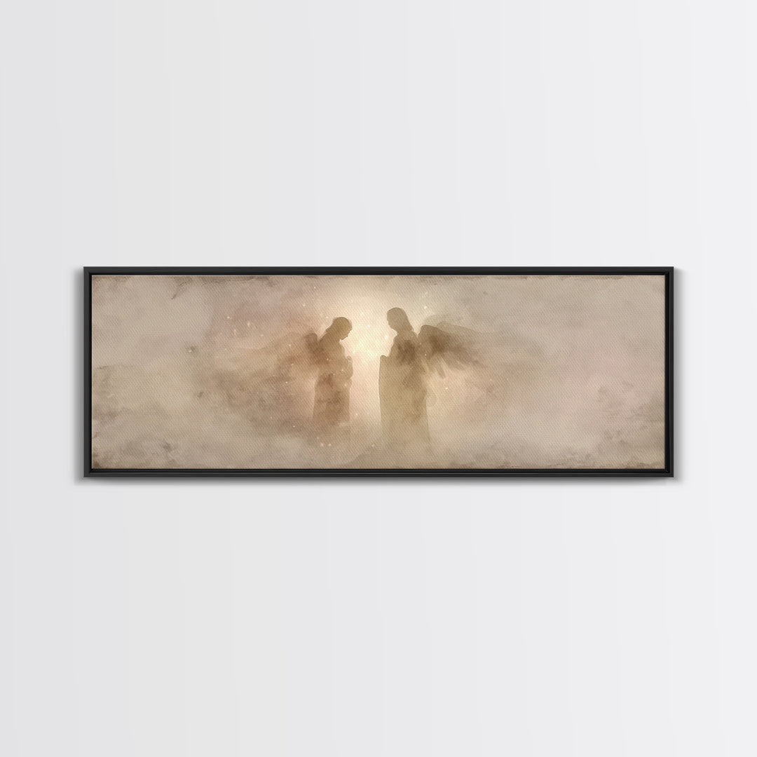 Angels In Stillness, Framed Canvas Print, Christian Wall Art, Christian Art, Panoramic Wall Art, Christian Christmas, Jesus Painting, Chris