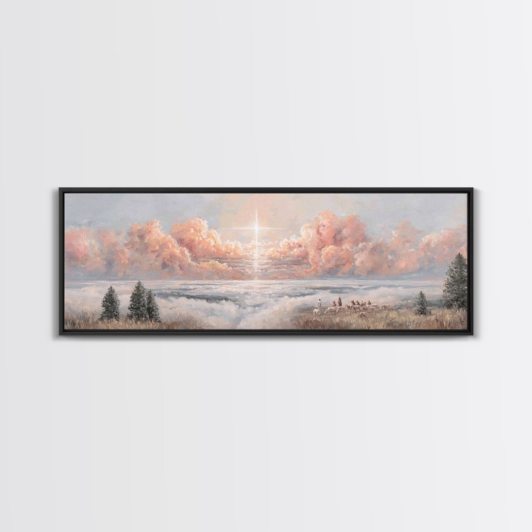 Shepherds Of Light - Framed Canvas Print - Christian Art Canvas - Panoramic Wall Art - Christmas Art - Jesus Painting - Christian Wall Art