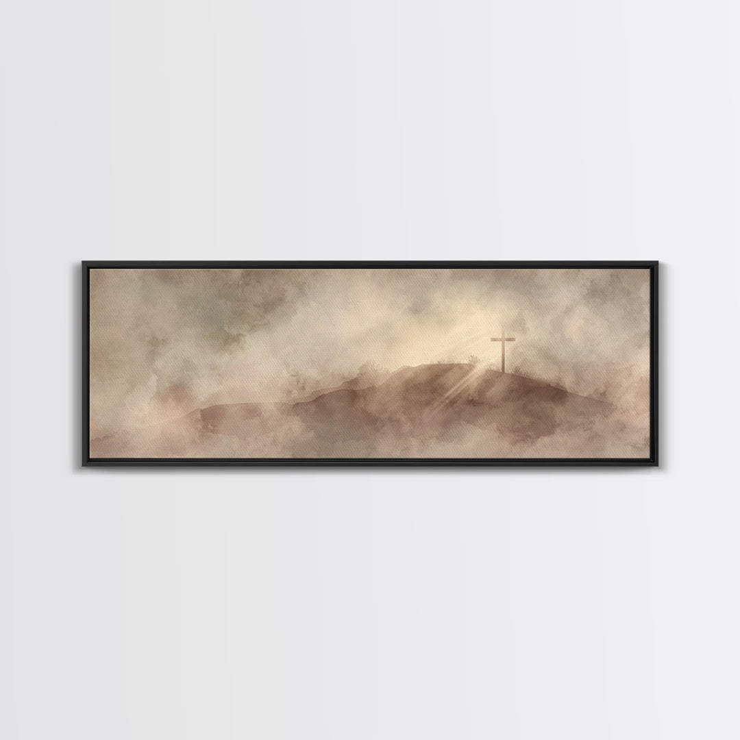 Hilltop Cross Light – Framed Canvas Print – Christian Wall Art – Christian Art Canvas – Panoramic Wall Art – Christian Decor