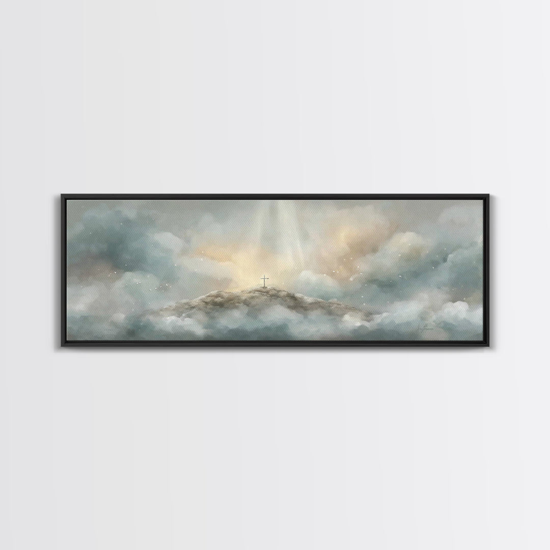 Heavenly Summit Glow | Framed Canvas Print | Christian Wall Art | Christian Art Canvas | Panoramic Painting | Christian Gift Ideas