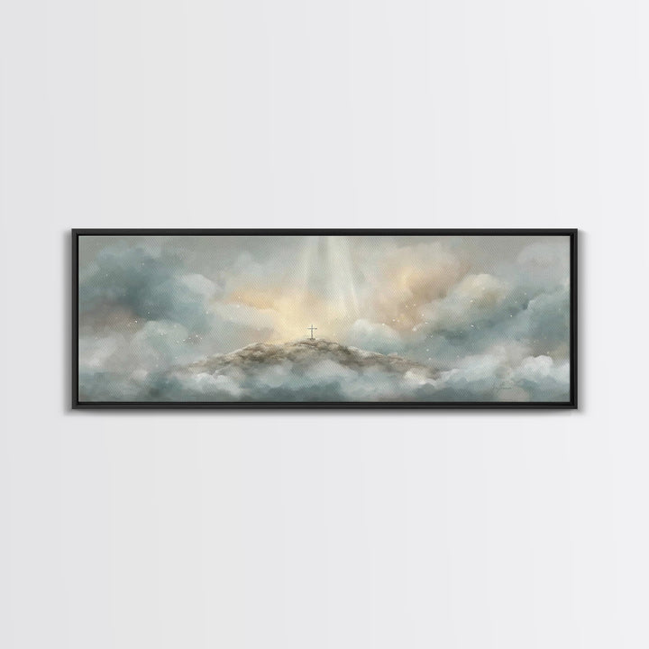 Heavenly Summit Glow | Framed Canvas Print | Christian Wall Art | Christian Art Canvas | Panoramic Painting | Christian Gift Ideas