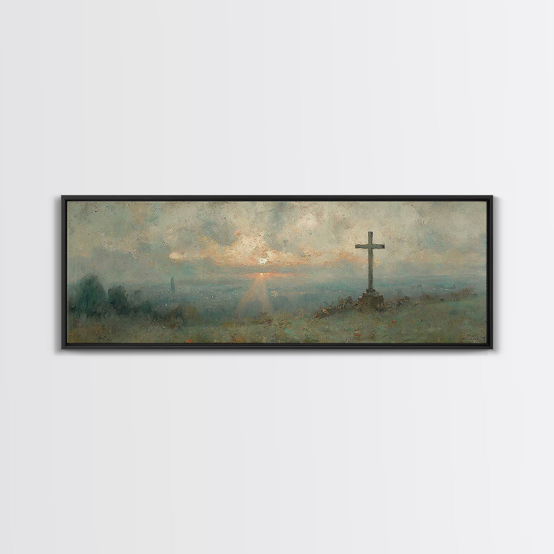 Sunset Cross Vista, Framed Canvas Print, Christian Wall Art, Christian Art Canvas, Panoramic Frame, Christian Decor