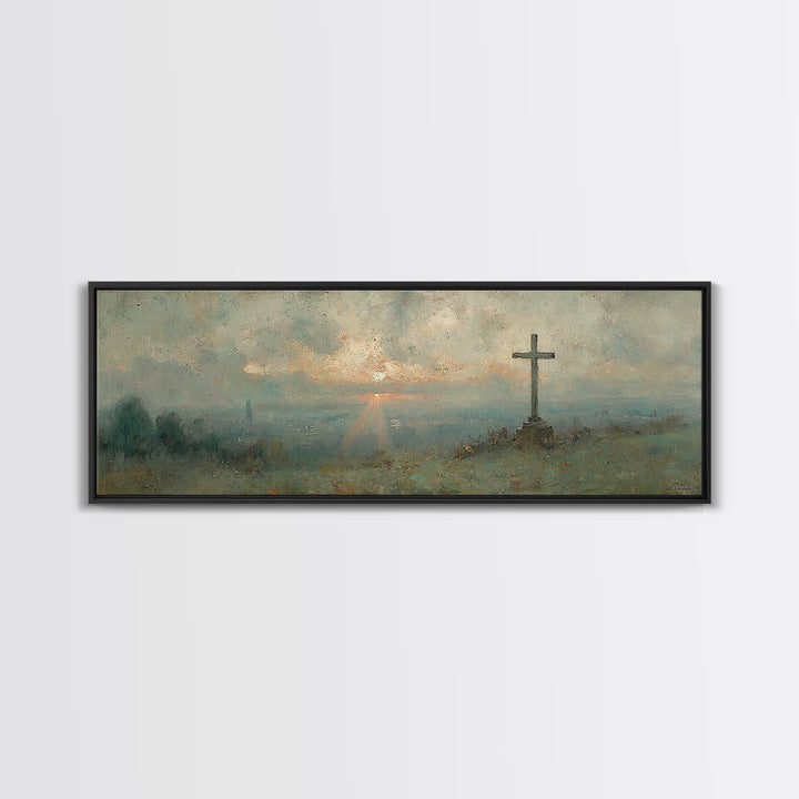 Sunset Cross Vista, Framed Canvas Print, Christian Wall Art, Christian Art Canvas, Panoramic Frame, Christian Decor