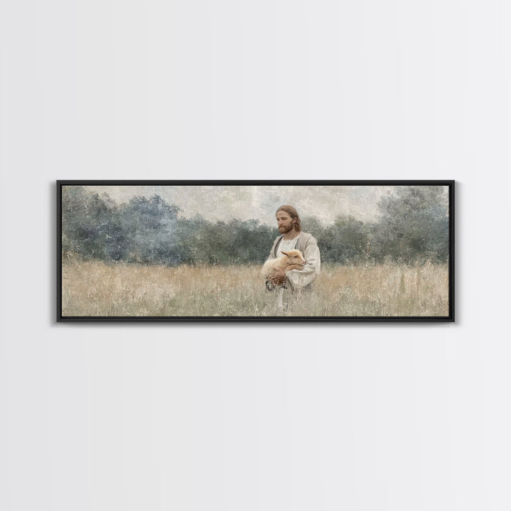 Gentle Shepherd Field, Framed Canvas Print, Christian Wall Art, Christian Art Canvas, Panoramic Art, Christian Decor