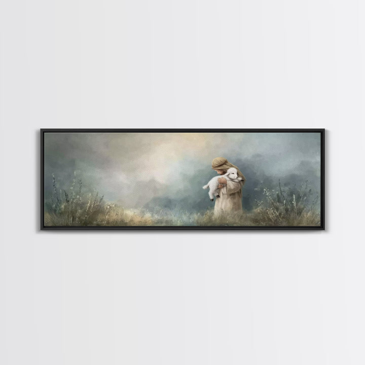 Tender Shepherd Embrace – Framed Canvas Print – Christian Wall Art – Christian Art Canvas – Jesus Painting – Panoramic Art – Christmas Art