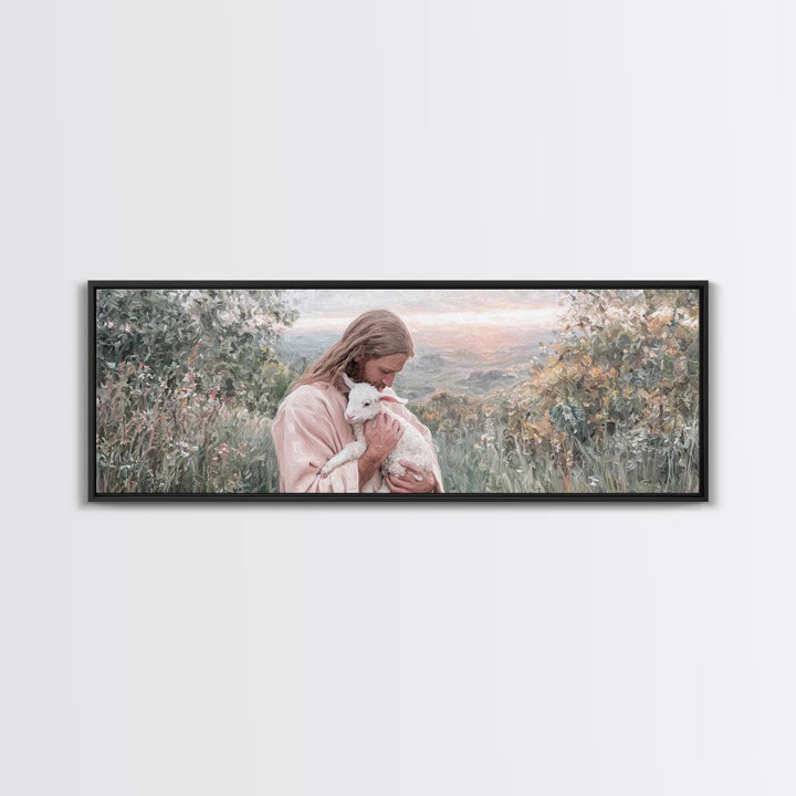 Gentle Pasture Peace, Framed Canvas Print, Christian Christmas Art, Christian Art Canvas, Jesus Painting, Panoramic Wall Art, Christian Dec
