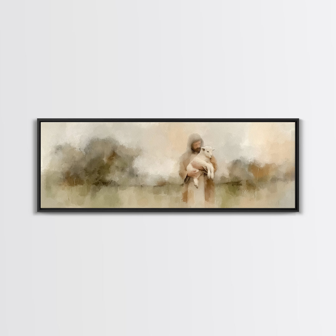 Warm Meadow Mercy | Framed Canvas Print | Christian Wall Art | Jesus Painting | Christian Art Canvas | Panoramic Painting | Christmas Art