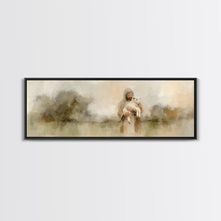 Warm Meadow Mercy | Framed Canvas Print | Christian Wall Art | Jesus Painting | Christian Art Canvas | Panoramic Painting | Christmas Art