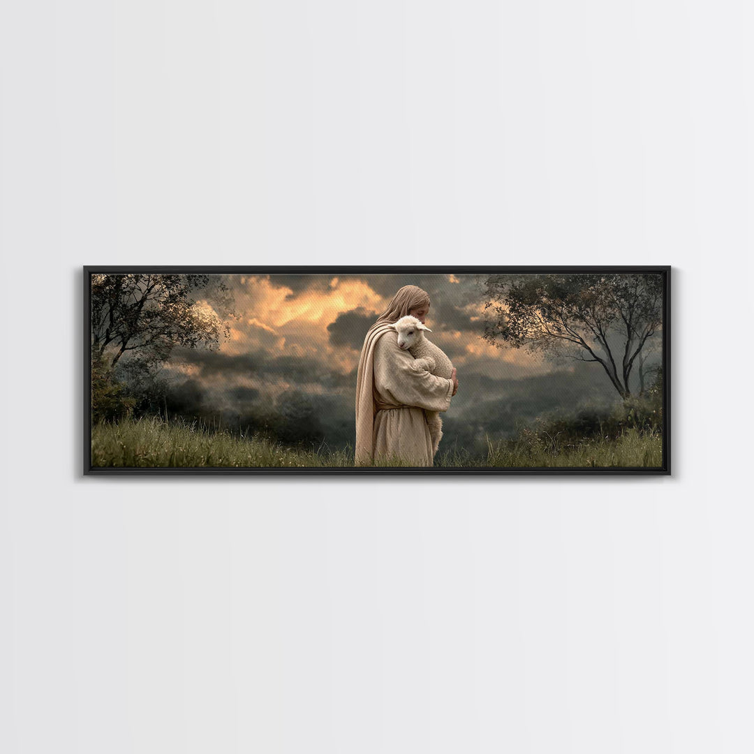Sacred Dawn Light, Framed Canvas Print, Christian Art Canvas, Christian Christmas Art, Panoramic Wall Art, Jesus Painting, Christian Decor